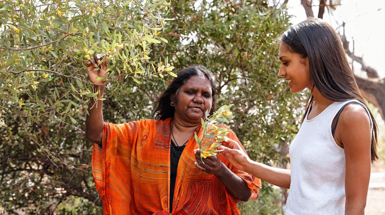 two women study a plant