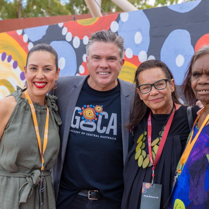 L-R: Outgoing GoCA Manager – Fabiola Martinez-Hinojosa, Voyages Indigenous Tourism Australia CEO – Matthew Cameron-Smith, GoCA Arts Ambassador – Rhoda Roberts AO, Artist – Rene Kulitja at GoCA's 1st Anniversary gathering