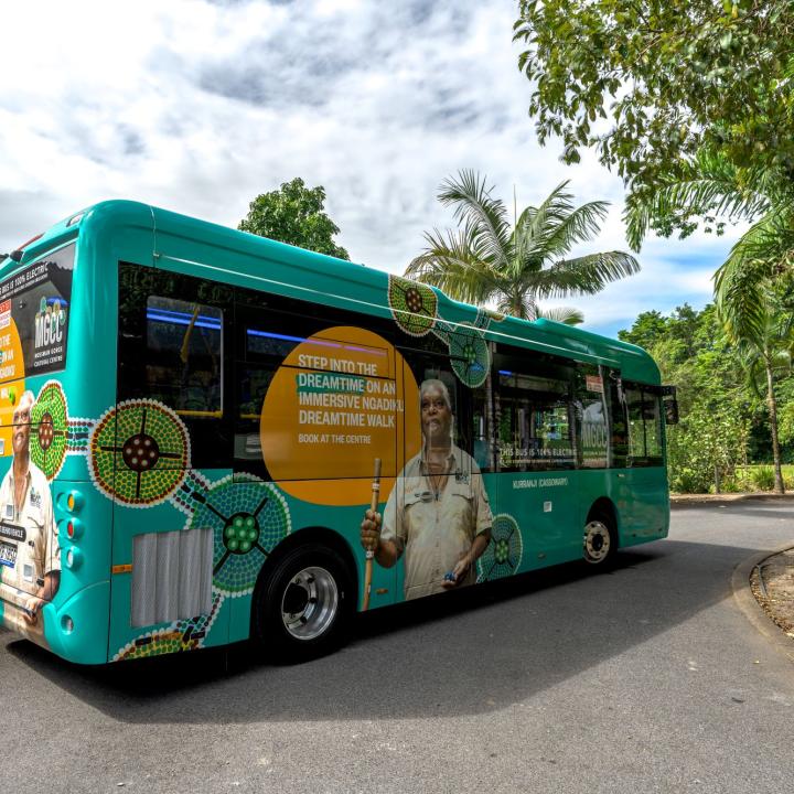 An EV bus at Mossman Gorge Cultural Centre
